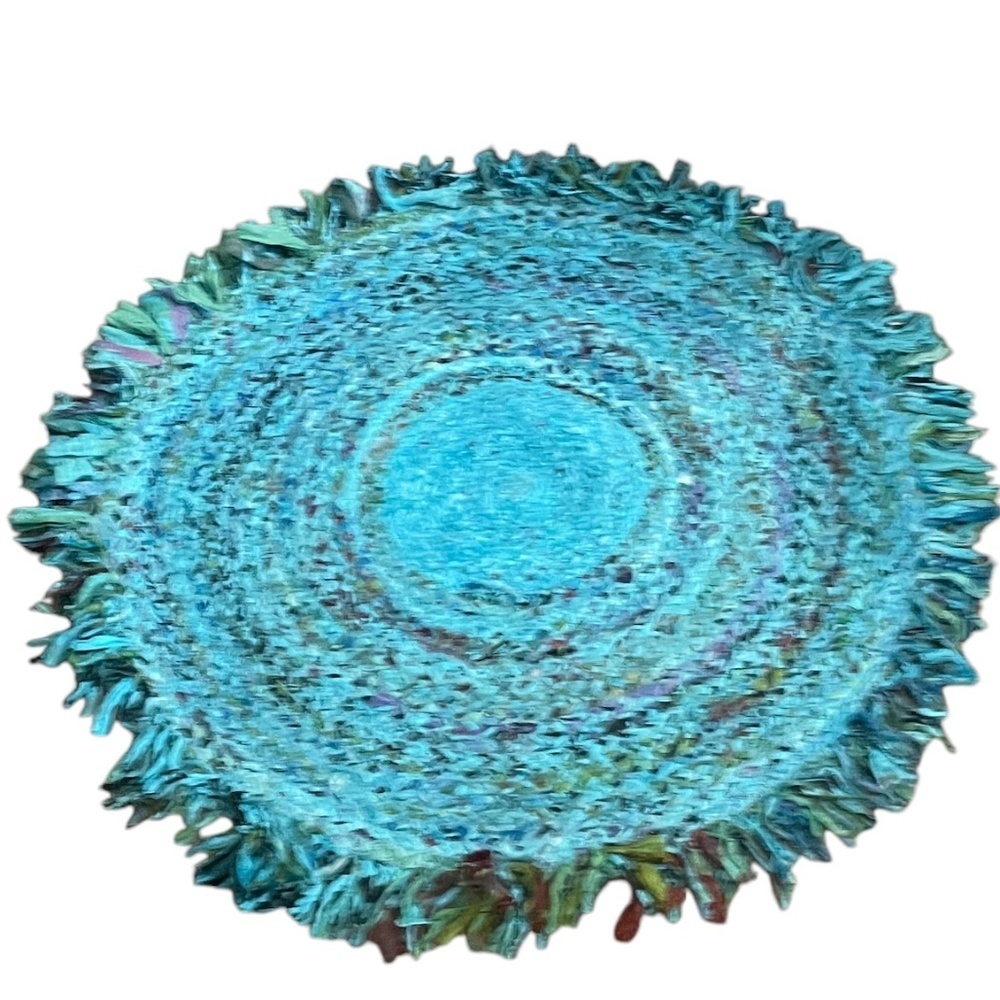 NWOT Handmade Braided Multi Color Block Rag Rug With Fringe Round Rug, - Picture 2 of 8